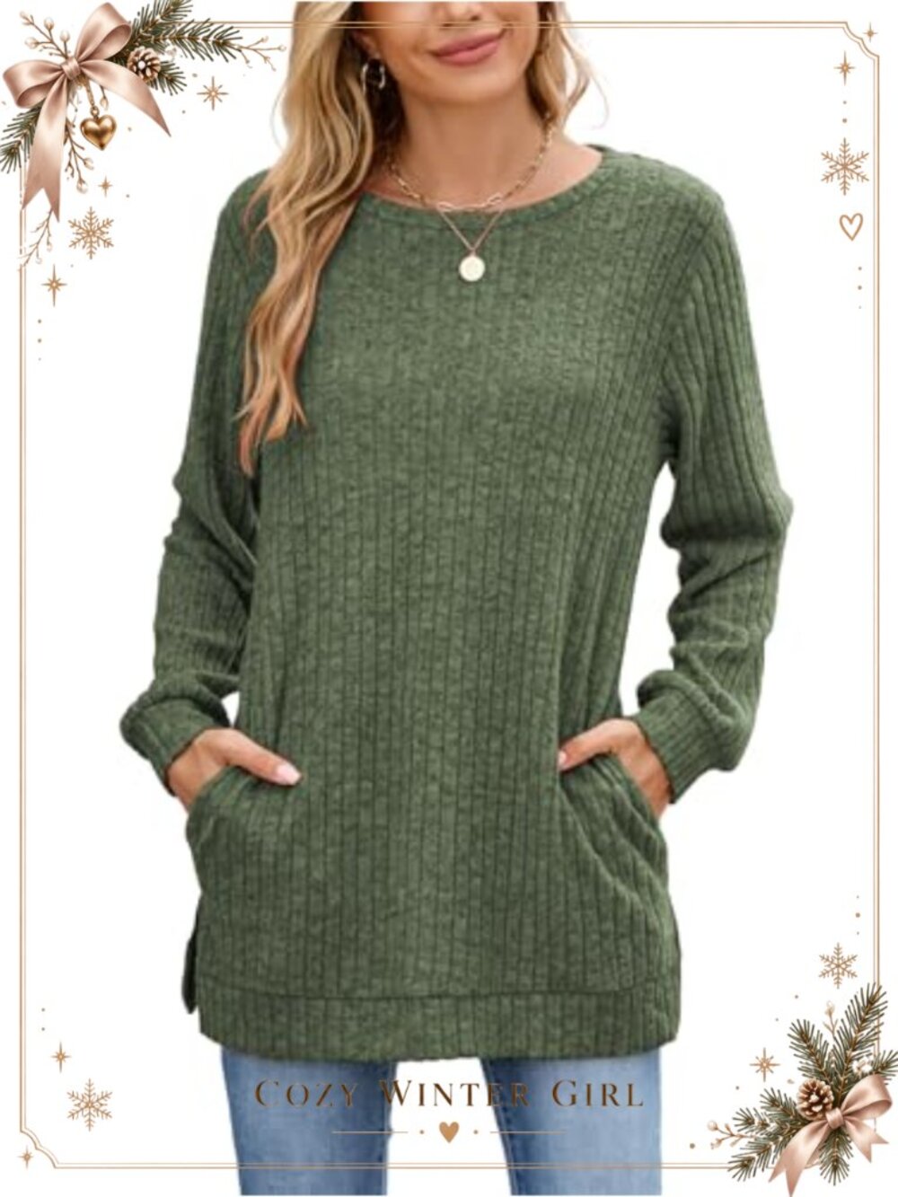 Women's Longline Tunic Side Split Long Sleeve Ribbed Knit Fall Top